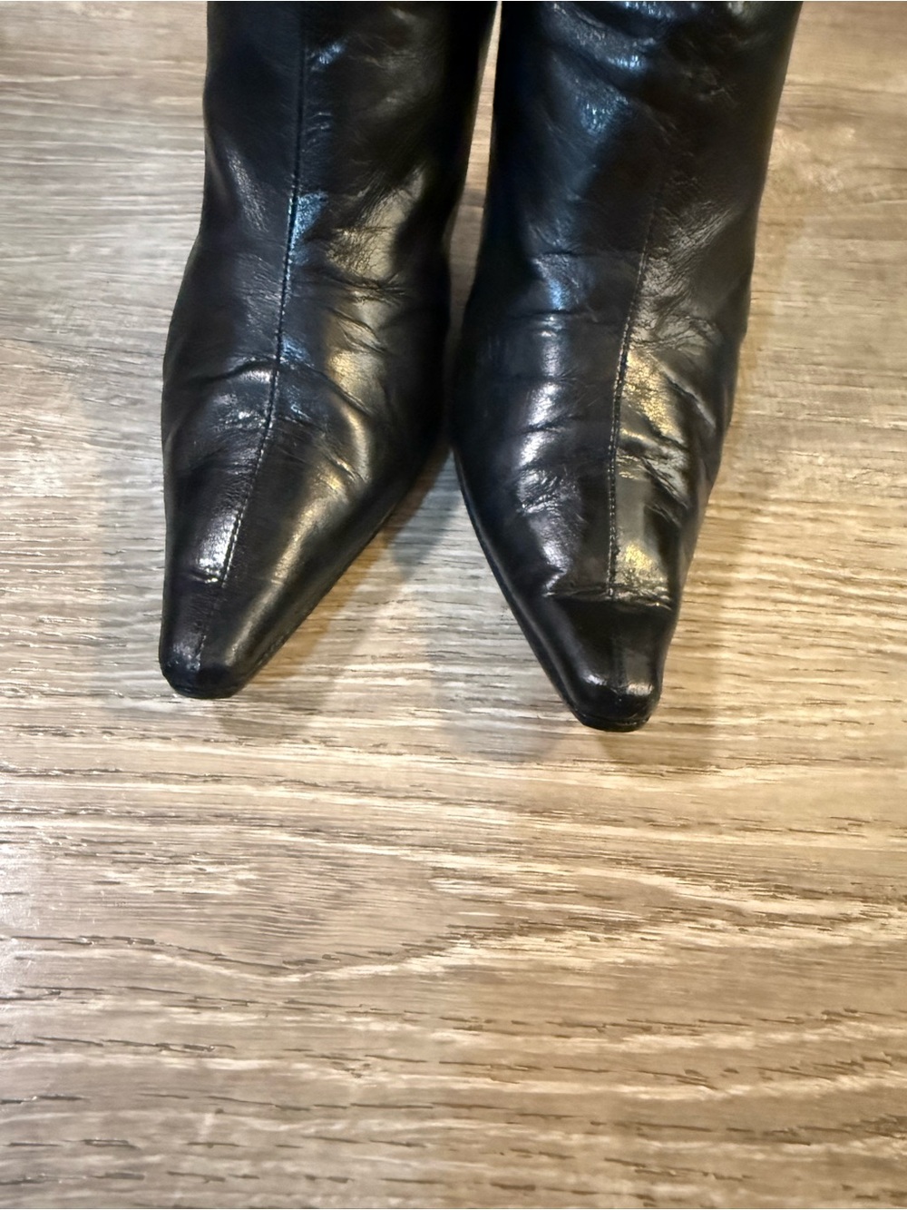 Vintage Jimmy Choo Peony Black Leather Pointed Toe Knee High Heeled Boots - Picture 6 of 16